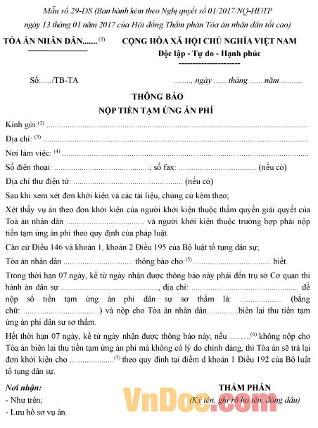 Mẫu số 29-DS: Thông báo nộp tiền tạm ứng án phí