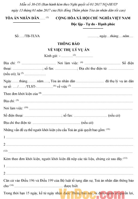 Mẫu số 30-DS: Thông báo về việc thụ lý vụ án