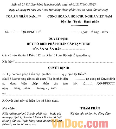 Mẫu quyết định hủy bỏ biện pháp khẩn cấp tạm thời