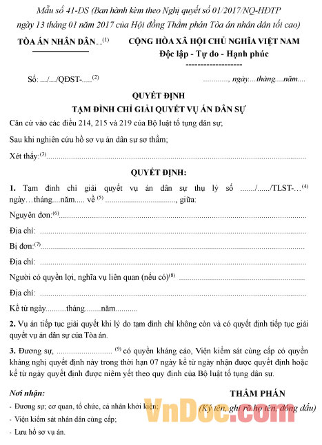 Mẫu quyết định tạm đình chỉ giải quyết vụ án dân sự