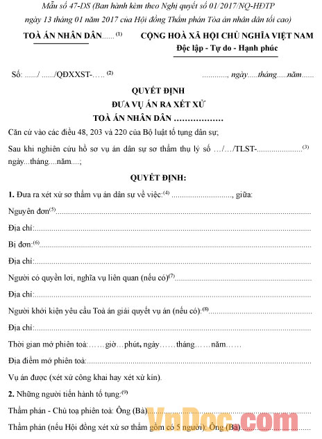 Mẫu số 47-DS: Quyết định đưa vụ án ra xét xử