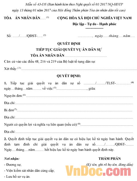 Mẫu quyết định tiếp tục giải quyết vụ án dân sự