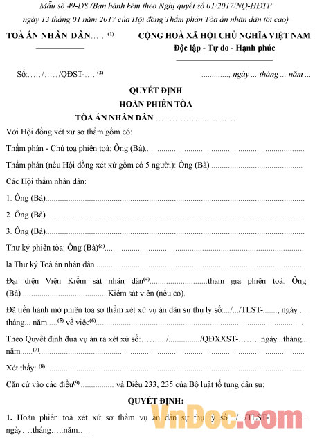 Mẫu số 49-DS: Quyết định hoãn phiên tòa