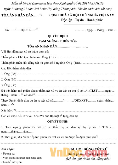 Mẫu số 50-DS: Quyết định tạm ngừng phiên tòa