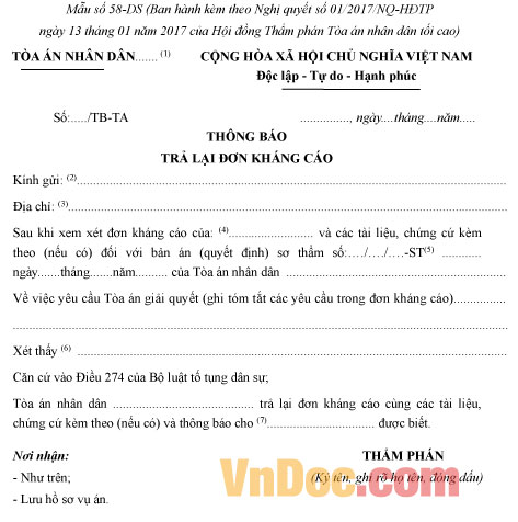 Mẫu số 58-DS: Thông báo trả lại đơn kháng cáo