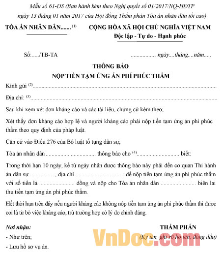 Mẫu số 61-DS: Thông báo nộp tiền tạm ứng án phí phúc thẩm