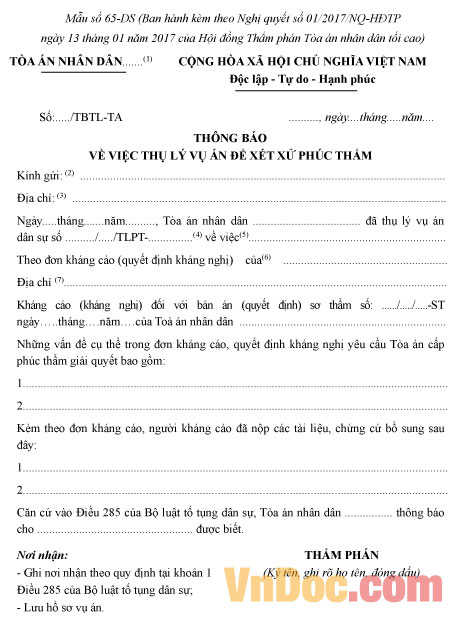 Mẫu thông báo về việc thụ lý vụ án để xét xử phúc thẩm Mẫu số 65-DS: Thông báo về việc thụ lý vụ án để xét xử phúc thẩm