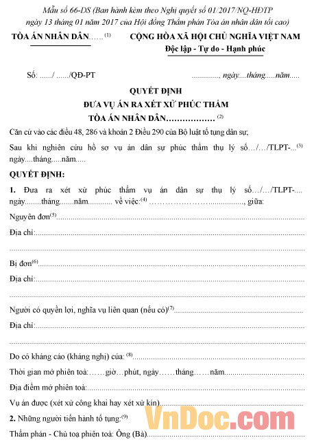 Mẫu số 66-DS: Quyết định đưa vụ án ra xét xử phúc thẩm