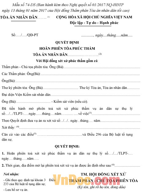 Mẫu số 74-DS: Quyết định hoãn phiên tòa phúc thẩm