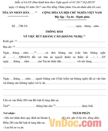 Mẫu số 64-DS: Thông báo về việc rút kháng cáo, kháng nghị