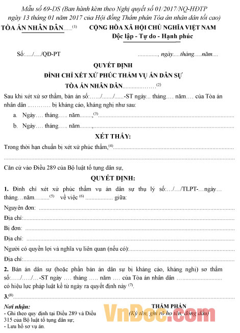 Mẫu quyết định đình chỉ việc xét xử phúc thẩm vụ án dân sự