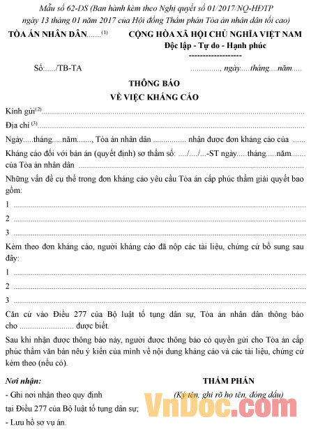 Mẫu số 62-DS: Thông báo về việc kháng cáo