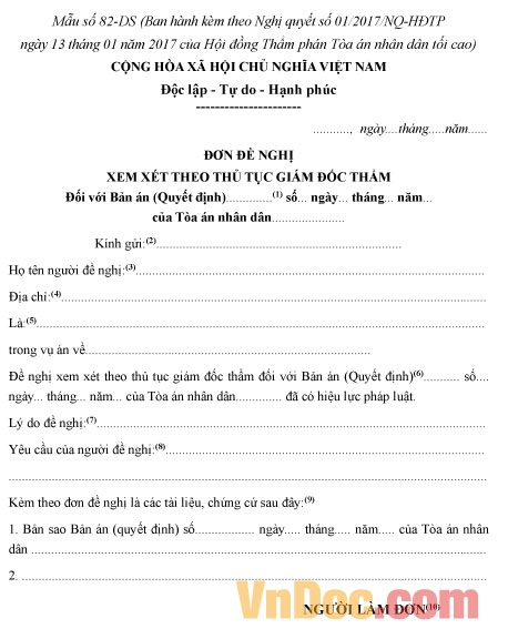 Mẫu số 82-DS: Đơn đề nghị xem xét theo thủ tục giám đốc thẩm