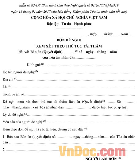 Mẫu số 83-DS: Đơn đề nghị xem xét theo thủ tục tái thẩm