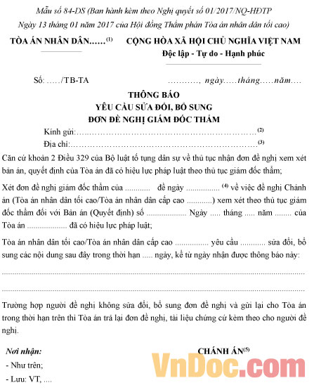 Mẫu số 84-DS: Thông báo yêu cầu sửa đổi, bổ sung đơn đề nghị giám đốc thẩm