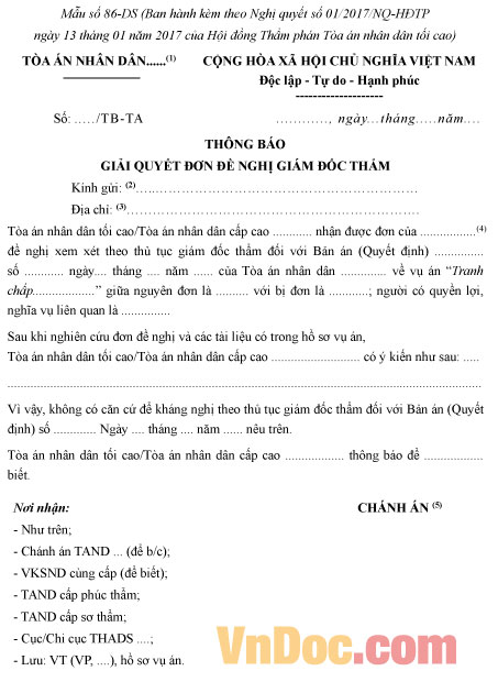 Mẫu số 86-DS: Thông báo giải quyết đơn đề nghị giám đốc thẩm