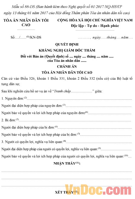 Mẫu số 88-DS: Quyết định kháng nghị giám đốc thẩm