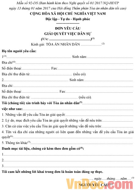 Mẫu số 92-DS: Đơn yêu cầu giải quyết việc dân sự
