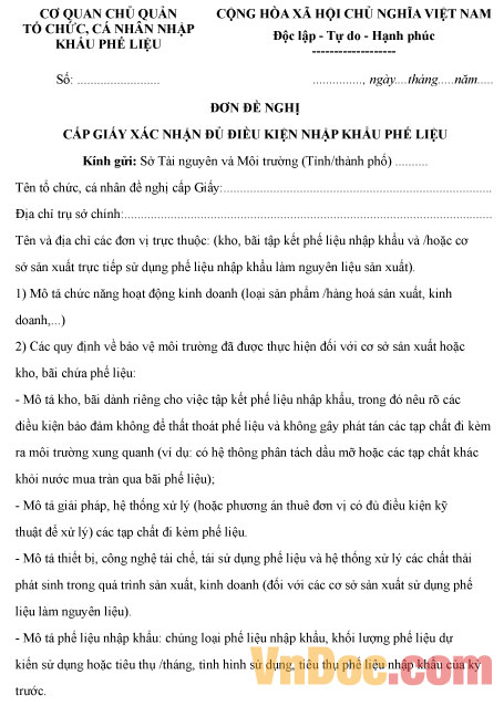 Mẫu đơn đề nghị cấp giấy xác nhận đủ điều kiện nhập khẩu phế liệu