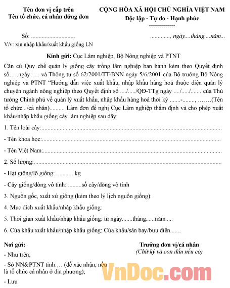 Mẫu đơn xin xuất khẩu/nhập khẩu giống cây trồng lâm nghiệp