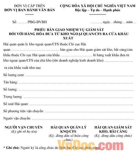 Mẫu phiếu bàn giao nhiệm vụ giám sát đối với hàng hóa đưa từ kho ra cửa khẩu xuất