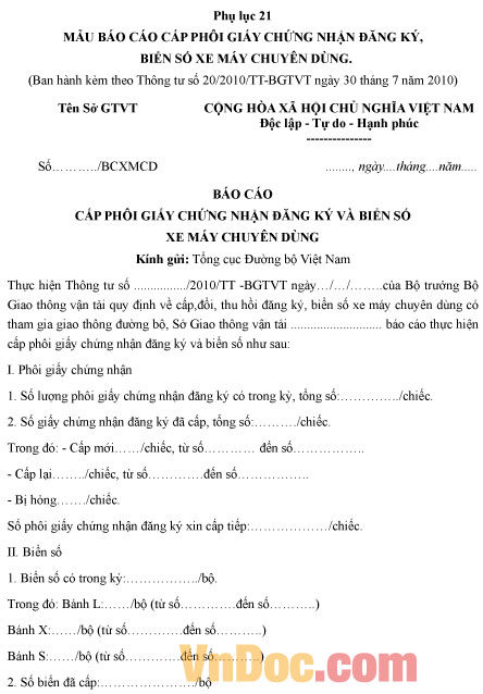 Mẫu báo cáo cấp phôi Giấy chứng nhận đăng ký, biển số xe máy chuyên dùng
