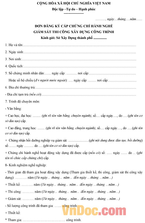 Mẫu đơn đăng ký cấp chứng chỉ hành nghề giám sát thi công xây dựng công trình