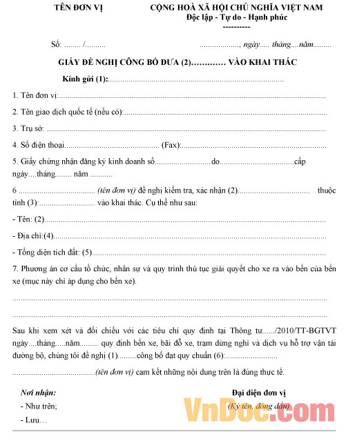 Giấy đề nghị đưa bến xe, trạm dừng nghỉ vào khai thác Mẫu giấy đề nghị đưa bến xe, trạm dừng nghỉ vào khai thác