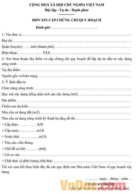 Mẫu đơn xin cấp Chứng chỉ quy hoạch