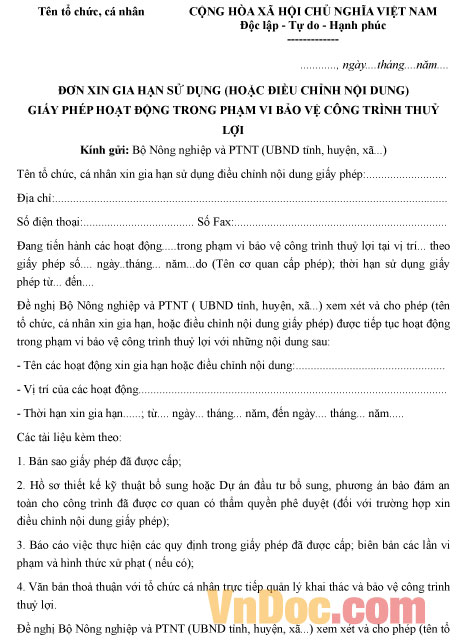 Mẫu đơn xin gia hạn sử dụng giấy phép hoạt động trong phạm vi bảo vệ công trình thủy lợi