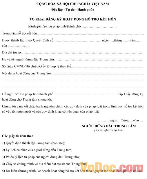 Mẫu tờ khai đăng ký hoạt động hỗ trợ kết hôn