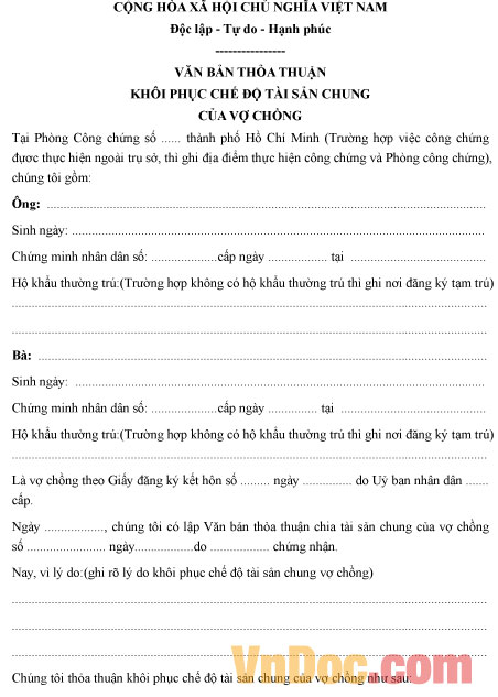 Mẫu văn bản thỏa thuận khôi phục chế độ tài sản chung của vợ chồng