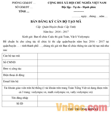 Mẫu bản đăng ký cán bộ tạo mã thi Violympic các cấp