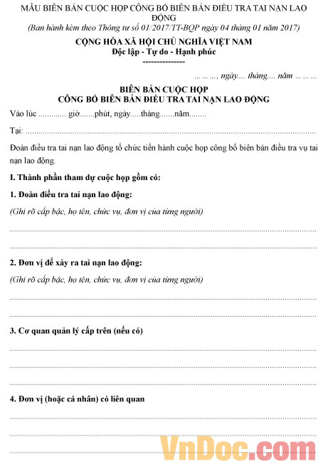 Biên bản cuộc họp công bố biên bản điều tra tai nạn lao động Mẫu biên bản cuộc họp công bố biên bản điều tra tai nạn lao động