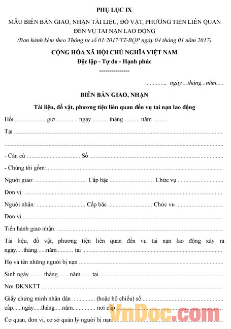 Mẫu biên bản giao, nhận tài liệu, đồ vật, phương tiện liên quan đến vụ tai nạn lao động