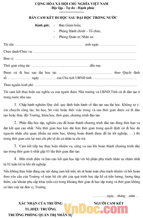 Mẫu bản cam kết đi học sau Đại học trong nước