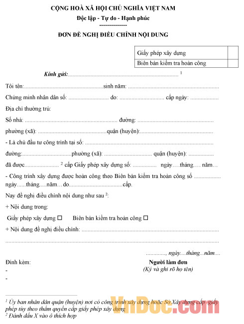 Mẫu đơn đề nghị điều chỉnh nội dung
