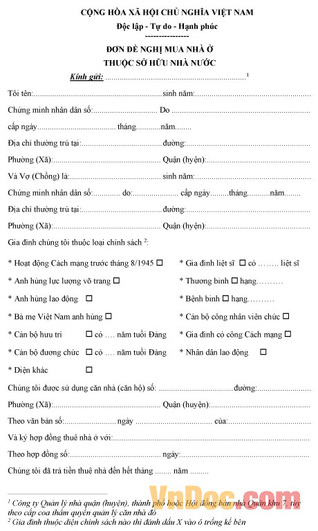 Mẫu đơn đề nghị mua nhà ở thuộc sở hữu nhà nước
