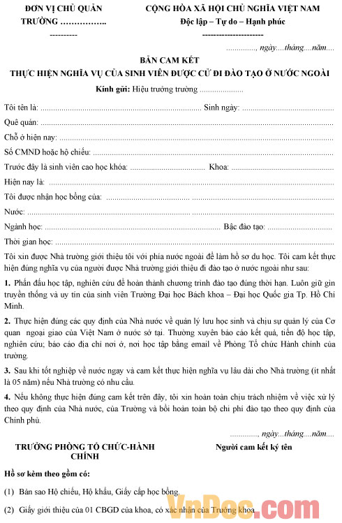Cam kết khi đi đào tạo nước ngoài - Dành cho sinh viên Mẫu cam kết khi đi đào tạo nước ngoài - Dành cho sinh viên