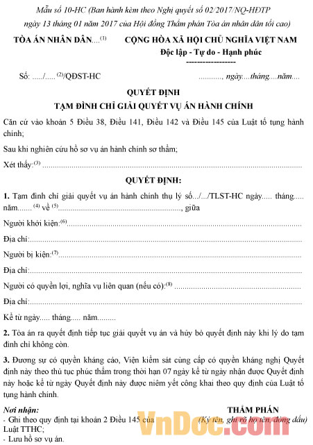 Mẫu quyết định tạm đình chỉ giải quyết vụ án hành chính