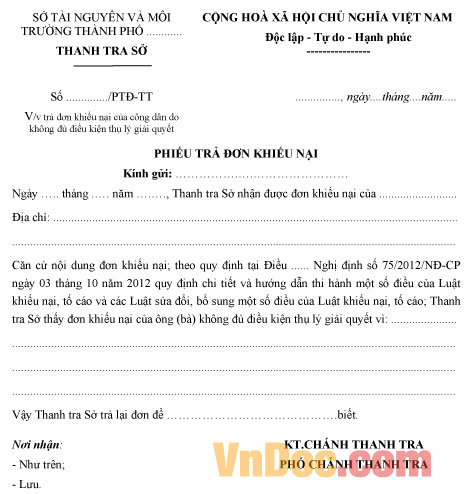 Mẫu phiếu trả đơn khiếu nại