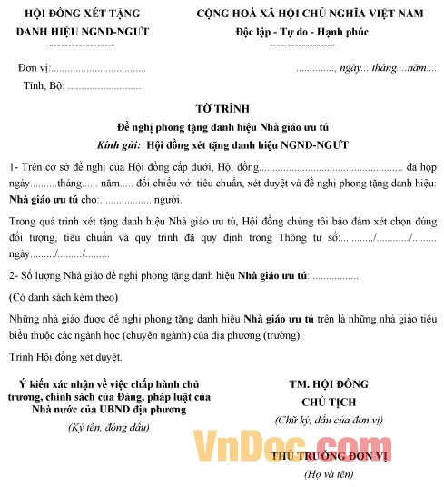 Mẫu tờ trình đề nghị phong tặng danh hiệu Nhà giáo ưu tú