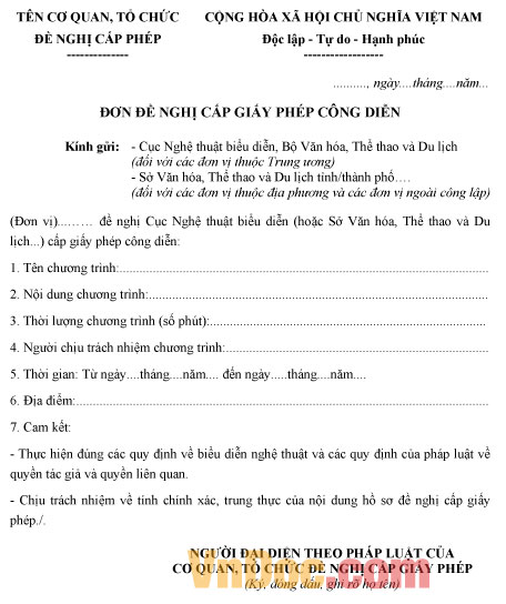 Đơn đề nghị cấp giấy phép công diễn Mẫu đơn đề nghị cấp giấy phép công diễn