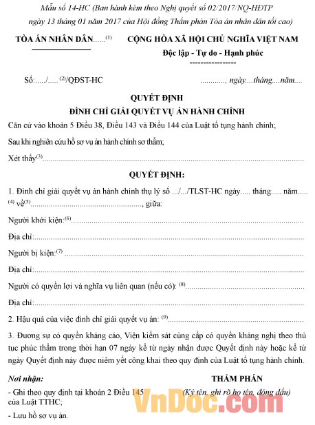 Mẫu quyết định đình chỉ giải quyết vụ án hành chính