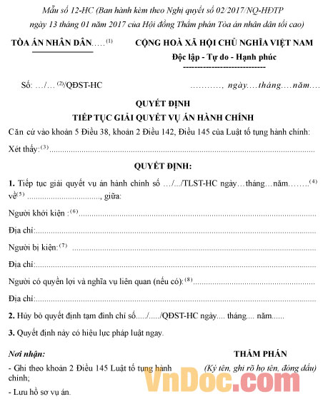 Mẫu quyết định tiếp tục giải quyết vụ án hành chính