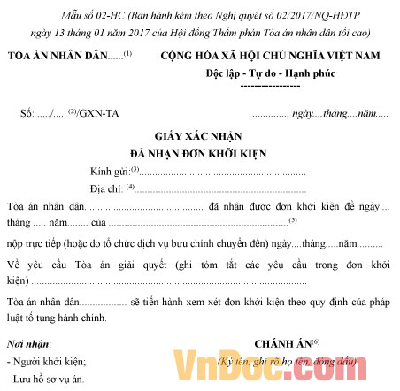 Mẫu giấy xác nhận đã nhận đơn khởi kiện hành chính Mẫu số 02-HC: Giấy xác nhận đã nhận đơn khởi kiện hành chính