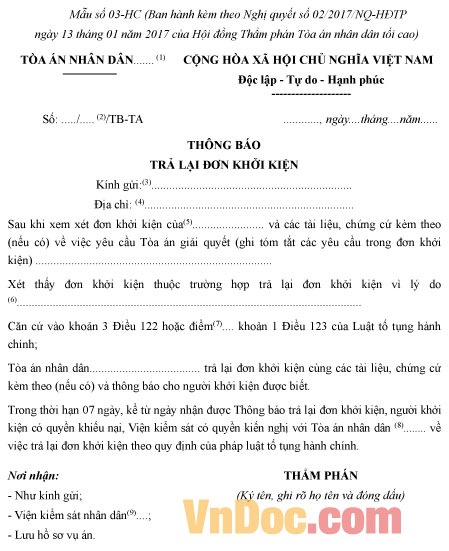 Mẫu số 03-HC: Thông báo trả lại đơn khởi kiện vụ án hành chính