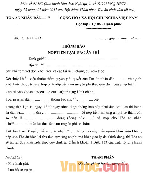 Mẫu số 04-HC: Thông báo nộp tiền tạm ứng án phí vụ án hành chính