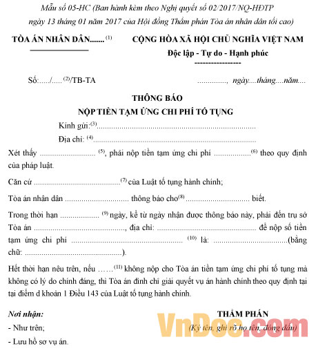 Mẫu số 05-HC: Thông báo nộp tiền tạm ứng chi phí tố tụng vụ án hành chính