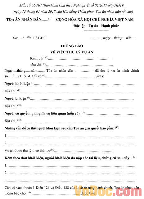 Mẫu số 06-HC: Thông báo về việc thụ lý vụ án hành chính
